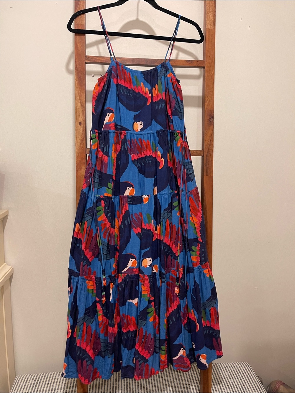 Farm Rio Women’s Navy Blue Tropical Bird Tiered Sundress